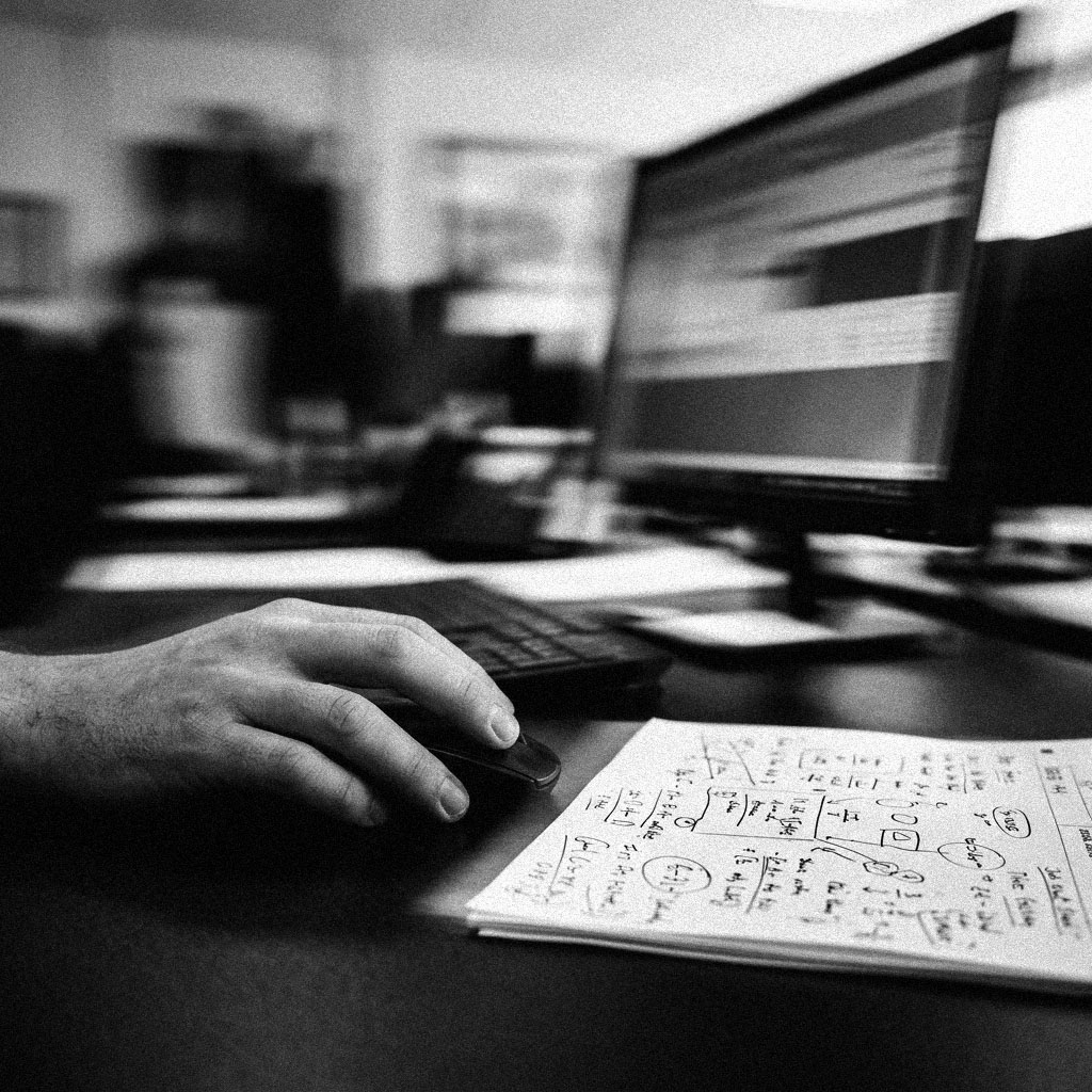 A hand resting on a mouse beside a notebook of handwritten working, a monitor out of focus behind, in black and white.