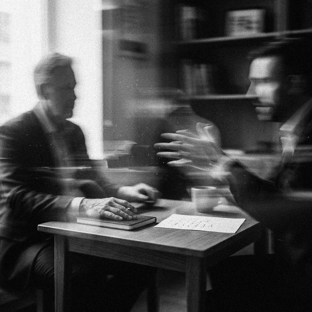 An owner and an advisor talking across a small table, papers and a closed notebook between them, in black and white.